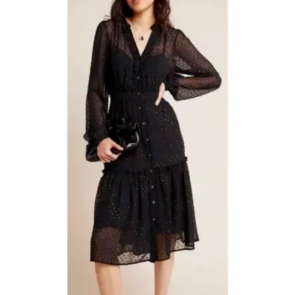 By Anthropologie Audrey Midi Dress 0 XS Extra Small Black Confetti Swiss Dot